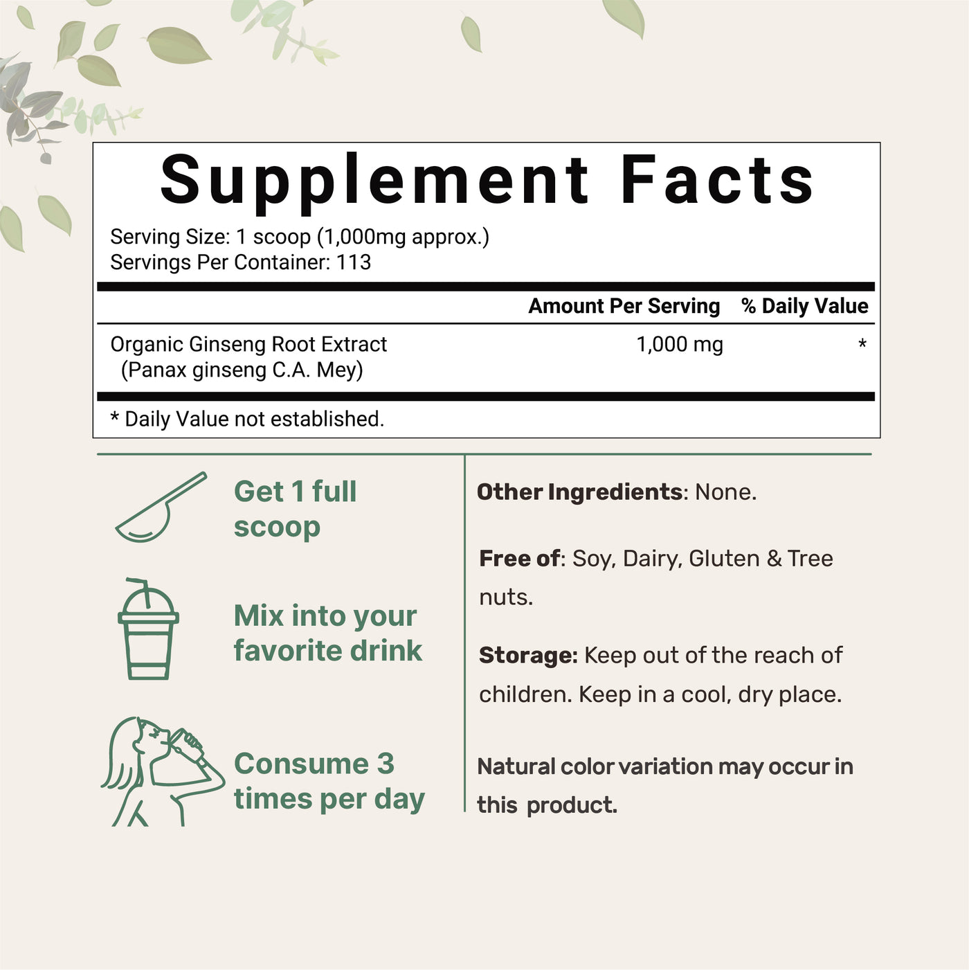 Organic Ginseng Root powder, 4 Ounces Supplement Facts