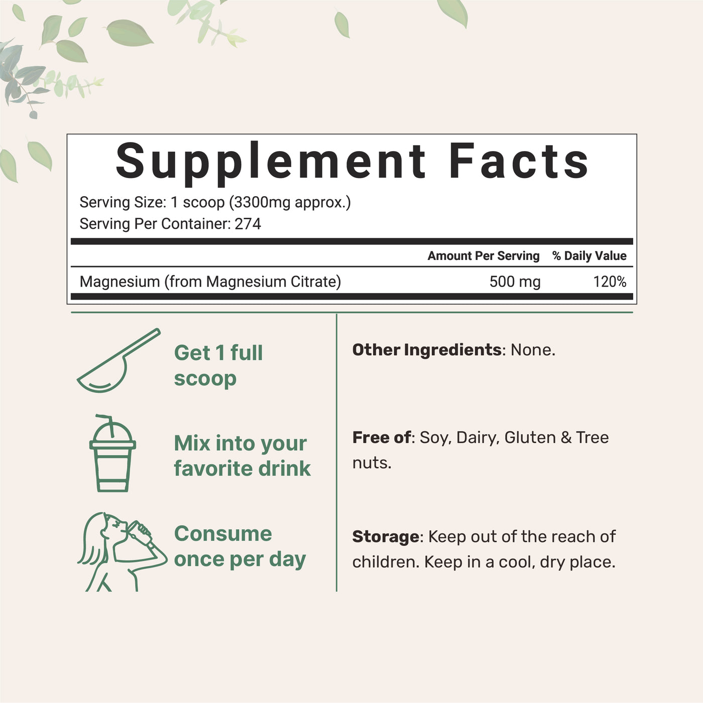 Magnesium Citrate Powder, 2 Pounds Supplement Facts