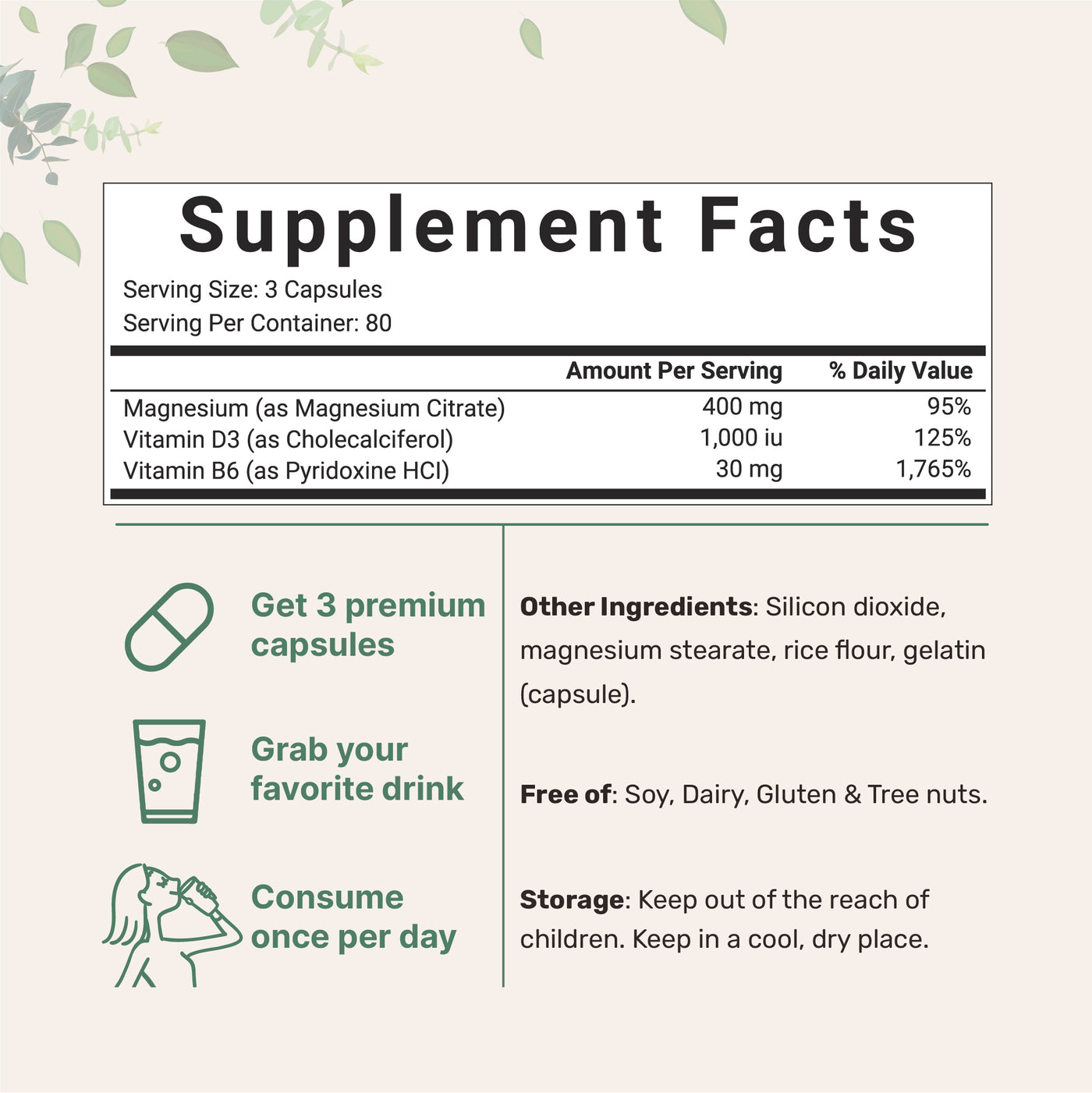Magnesium Citrate 400mg with Vitamin D3 & B6 Supplement Facts