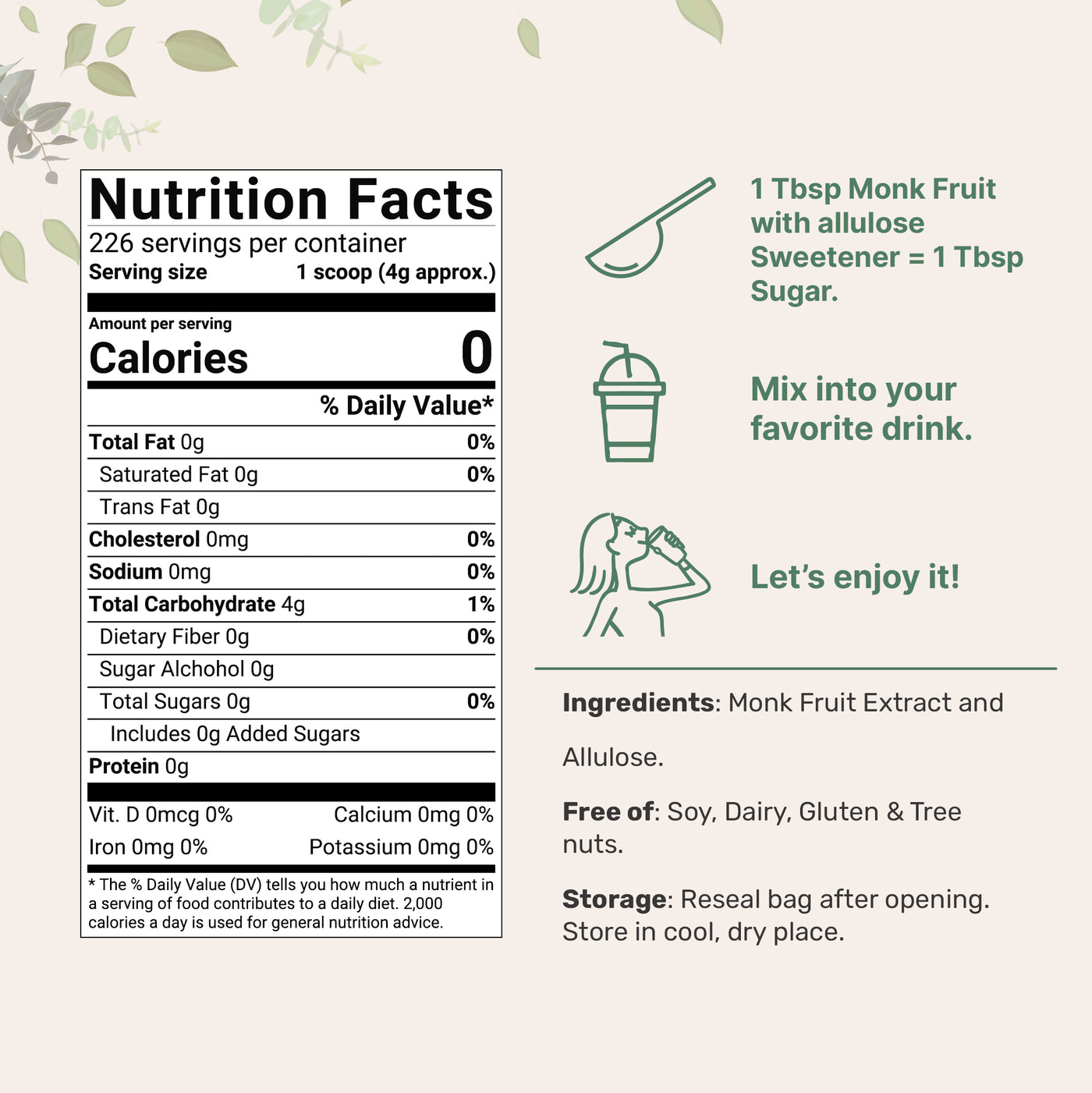 Monk Fruit Sweetener with Allulose Nutrition Facts