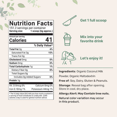 Organic Coconut Milk Powder Nutrition FactsOrganic Coconut Milk Powder, 2 Pound (32 Ounce) Nutrition Facts